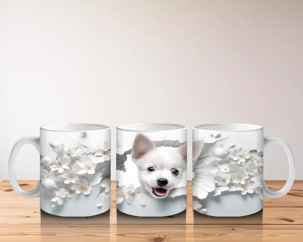 Beyaz Çiçekler Arasında Gülümseyen Yavru Köpek – Baskılı Kupa - 5