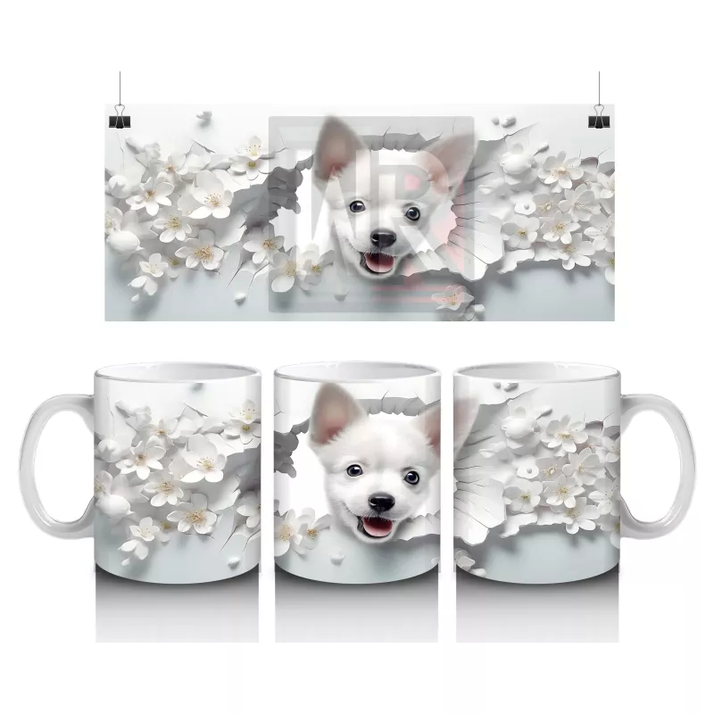 Beyaz Çiçekler Arasında Gülümseyen Yavru Köpek – Baskılı Kupa