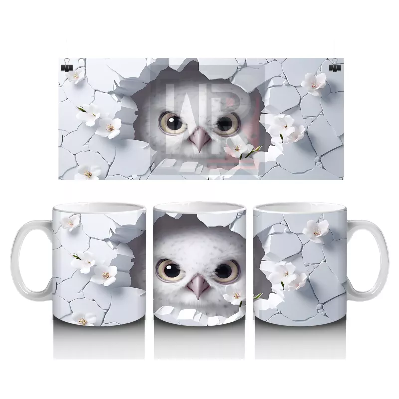 Beyaz Çiçekler Arasında Keskin Gözlü Baykuş – Baskılı Kahve Kupası