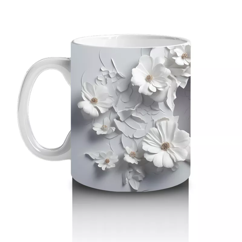 Beyaz Çiçekler Arasında Mavi Gözlü Baykuş – Baskılı Kahve Kupası - 2