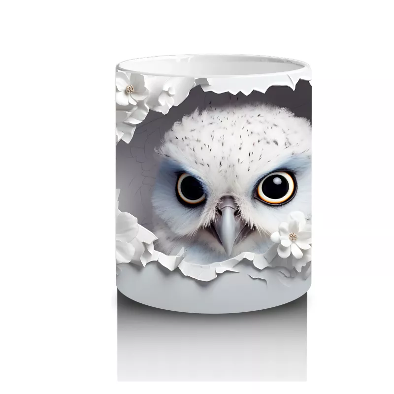 Beyaz Çiçekler Arasında Mavi Gözlü Baykuş – Baskılı Kahve Kupası - 3