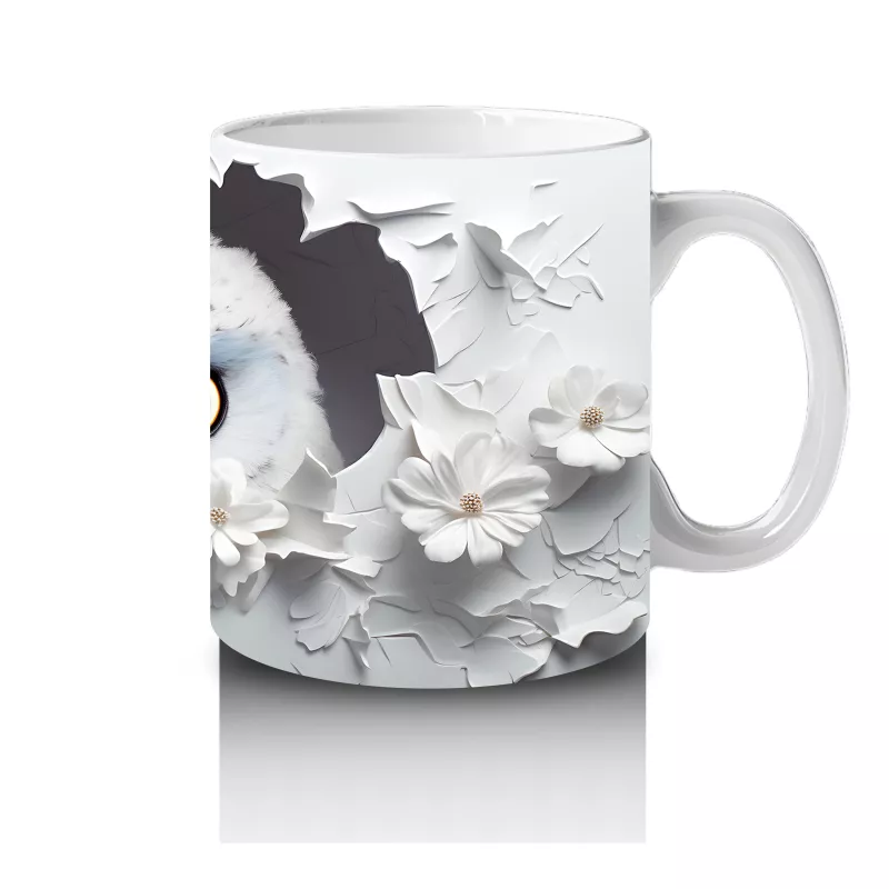Beyaz Çiçekler Arasında Mavi Gözlü Baykuş – Baskılı Kahve Kupası - 4