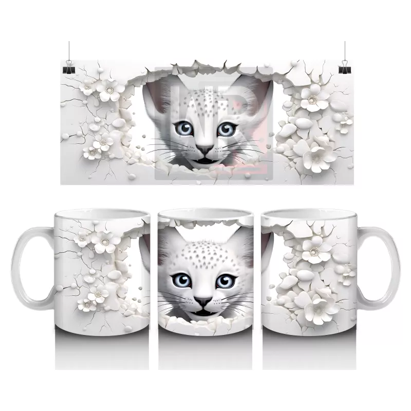 Beyaz Çiçekler Arasında Mavi Gözlü Kedi – Baskılı Kahve Kupası