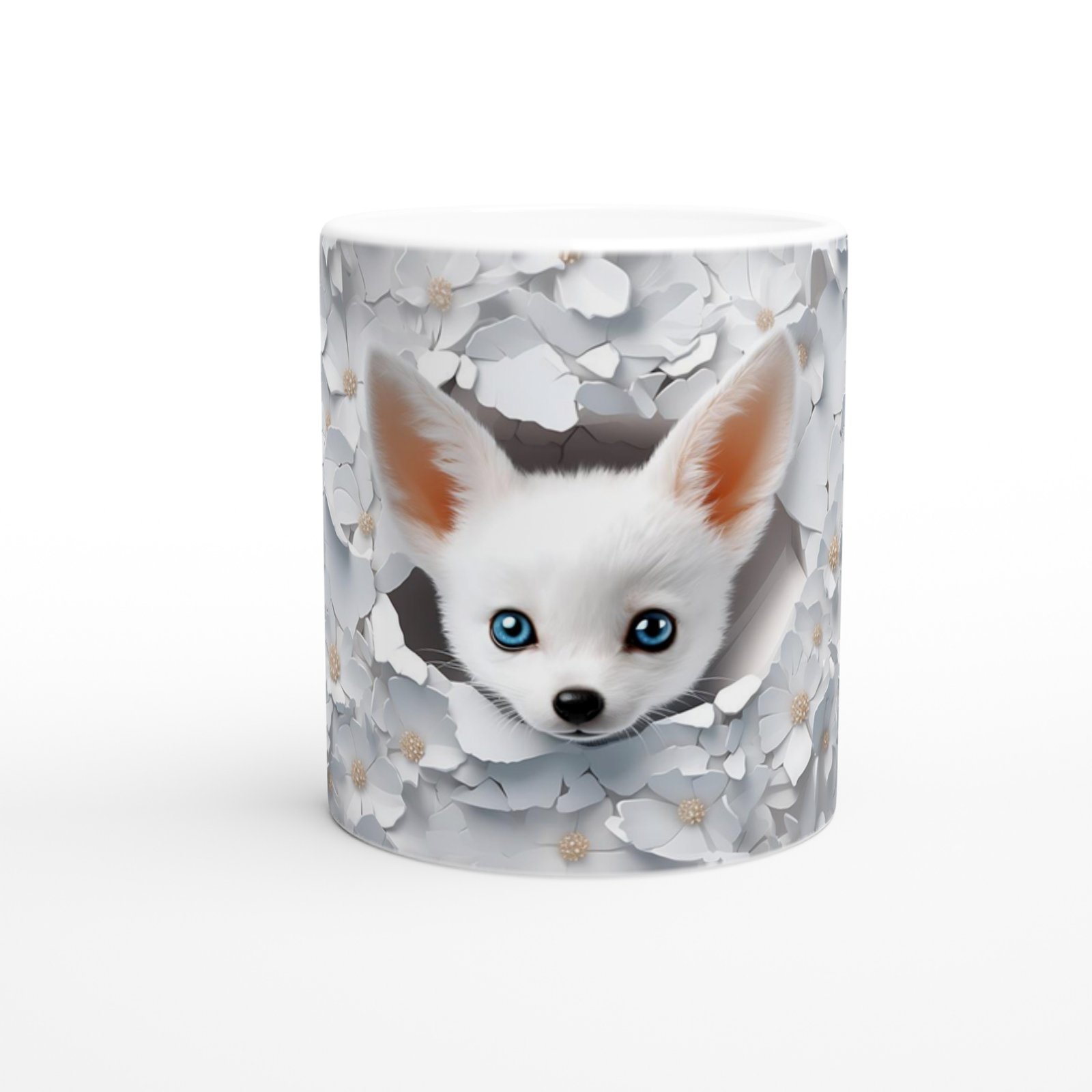 Beyaz Çiçekler Arasında Mavi Gözlü Tilki Temalı Baskılı Kupa Bardak