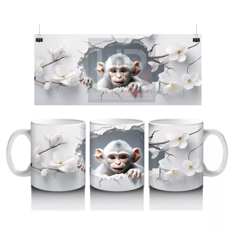 Beyaz Çiçekler Arasında Meraklı Maymun Figürü - Baskılı kahve kupası
