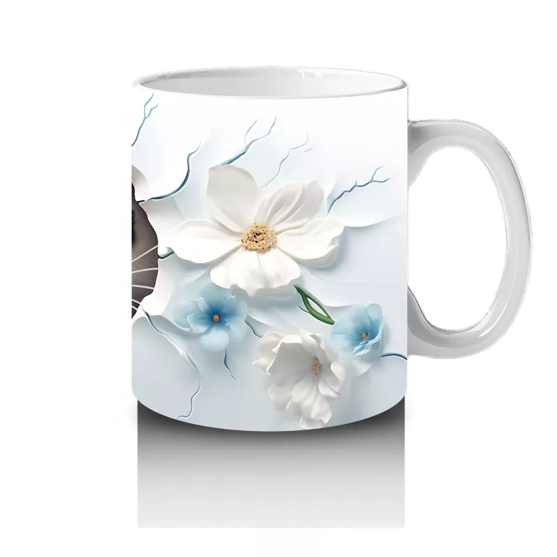 Beyaz Çiçekler Arasında Oturan Sevimli Kirpi – Baskılı Kahve Kupası - 4