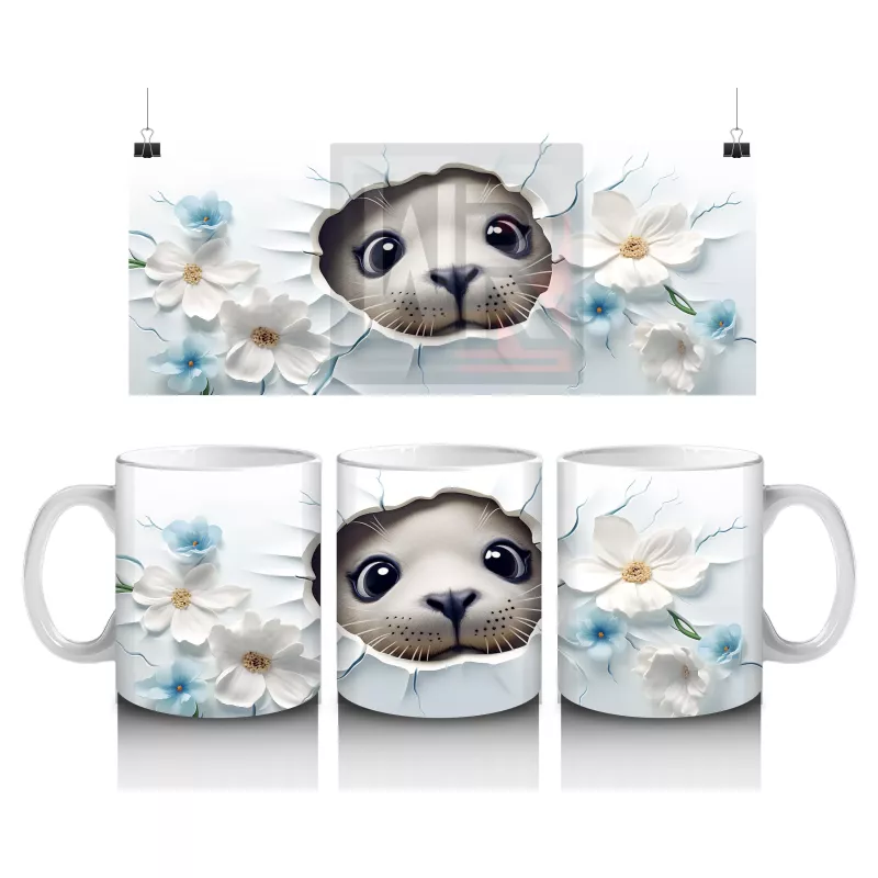 Beyaz Çiçekler Arasında Oturan Sevimli Kirpi – Baskılı Kahve Kupası