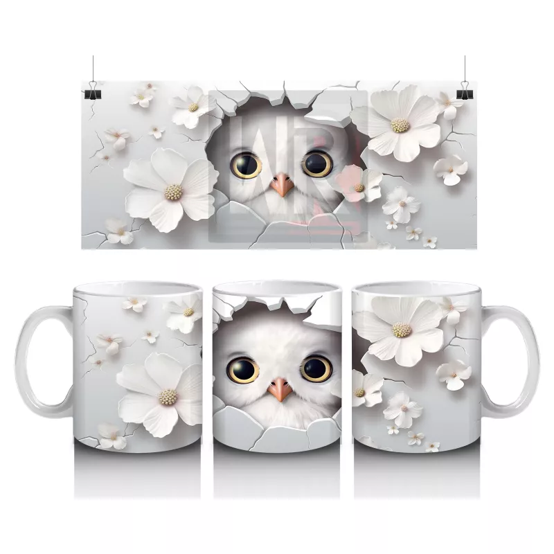 Beyaz Çiçekler Arasında Parlak Gözlü Baykuş – Baskılı Kahve Kupası