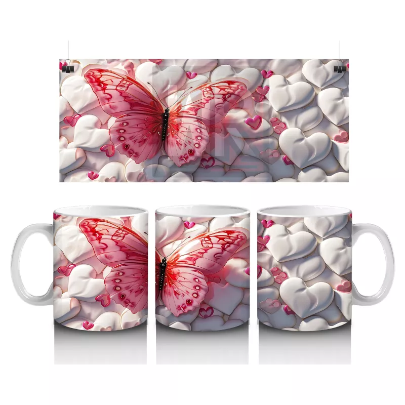 Beyaz Çiçekler Arasında Pembe Kelebek – Baskılı Kahve Kupası