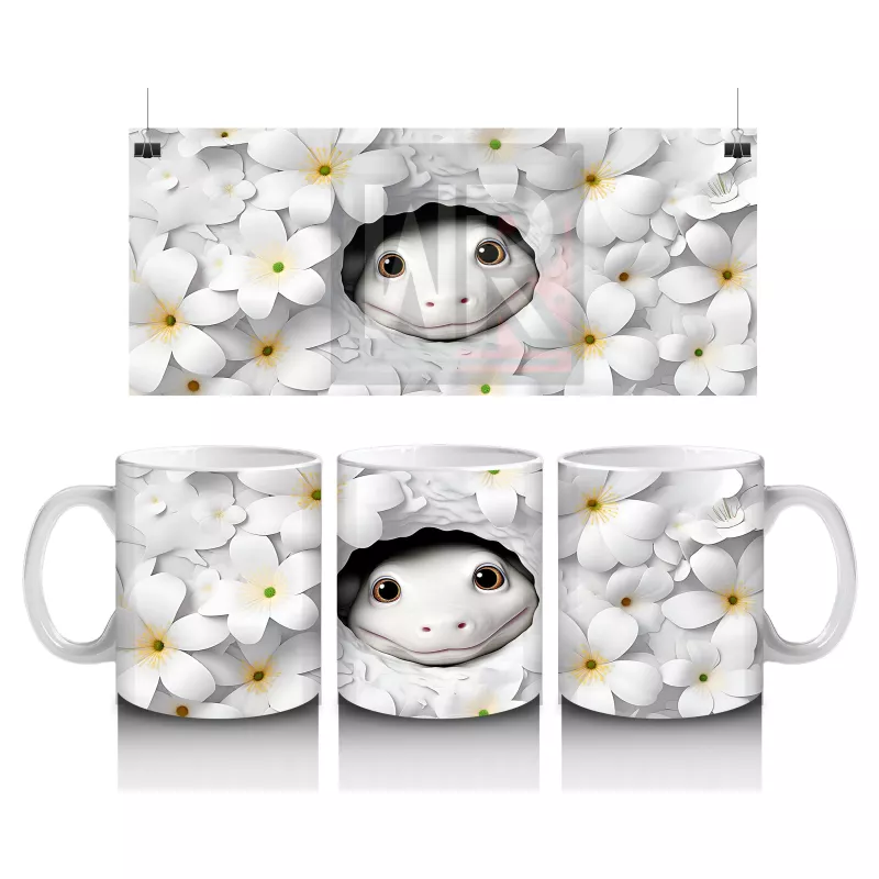 Beyaz Çiçekler Arasında Saklanan Sevimli Yüz Figürü - Baskılı kahve kupası