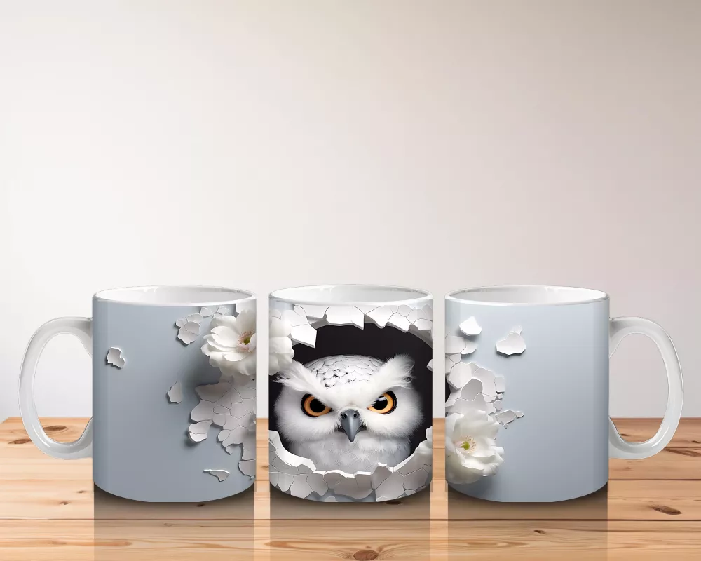 Beyaz Çiçekler Arasında Sarı Gözlü Baykuş – Baskılı Kahve Kupası - 5