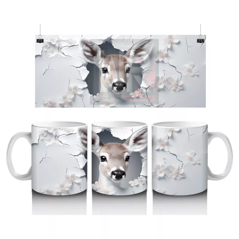 Beyaz Çiçekler Arasında Sevimli Ceylan – Baskılı Kahve Kupası