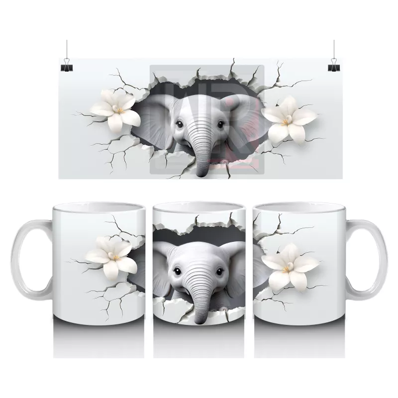 Beyaz Çiçekler Arasında Sevimli Fil – Baskılı Kupa