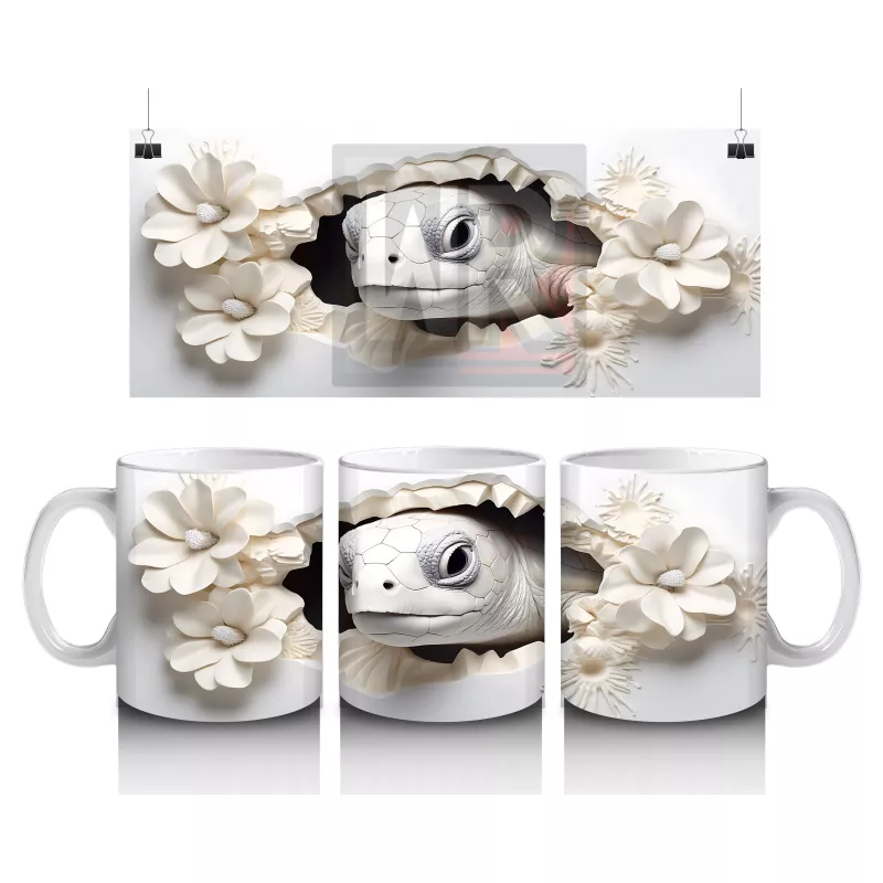 Beyaz Çiçekler Arasında Sevimli Kaplumbağa - Baskılı Kahve Kupası