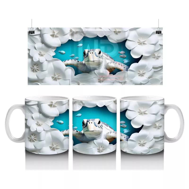 Beyaz Çiçekler Arasında Sevimli Kaplumbağa Desenli Kupa