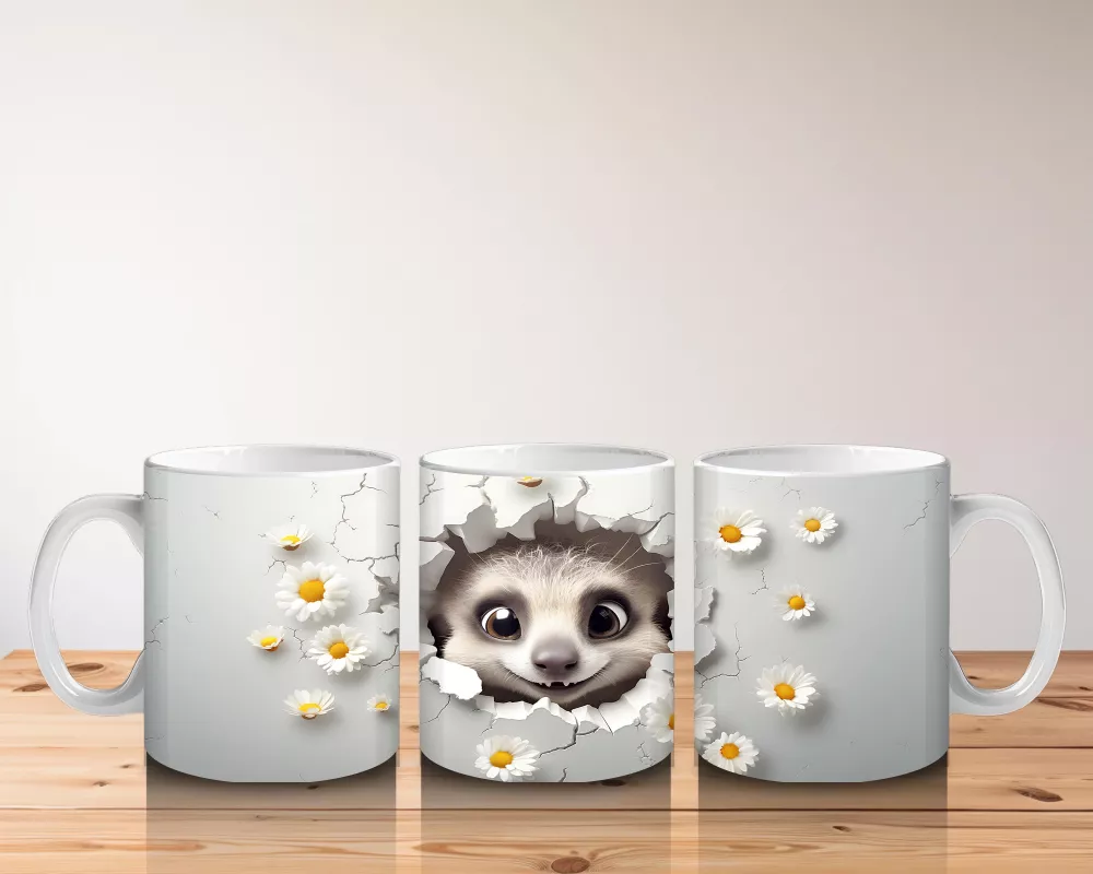 Beyaz Çiçekler Arasında Sevimli Kirpi – Baskılı Kahve Kupası - 5