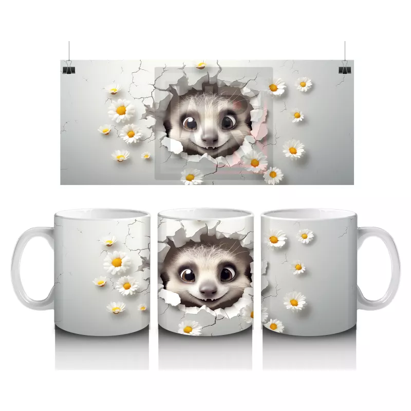 Beyaz Çiçekler Arasında Sevimli Kirpi – Baskılı Kahve Kupası