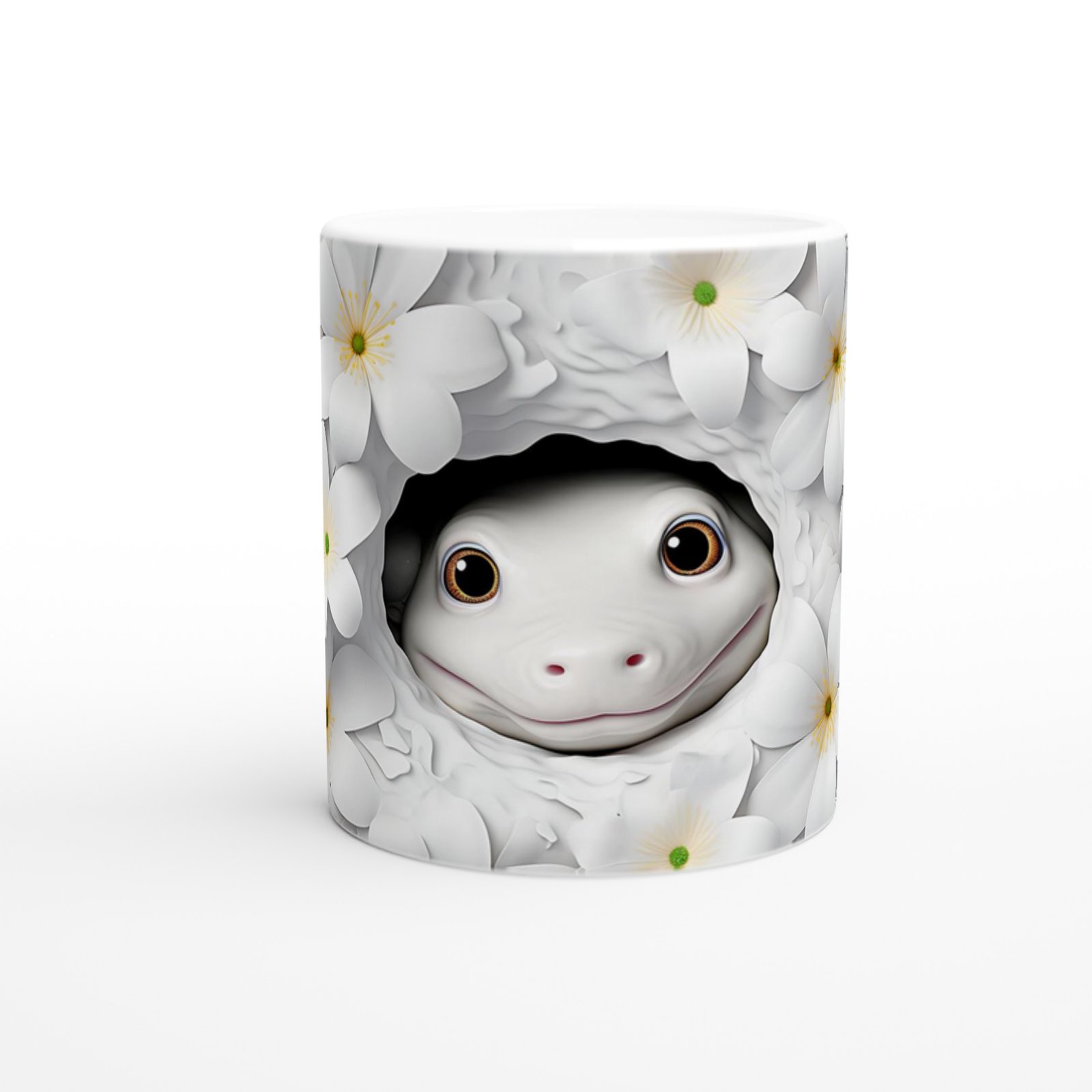 Beyaz Çiçekler Arasında Sevimli Semender Temalı Baskılı Kupa Bardak