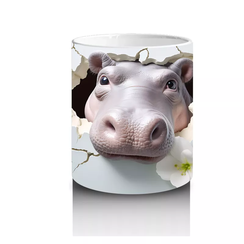 Beyaz Çiçekler Arasında Sevimli Su Aygırı – Baskılı Kahve Kupası - 3