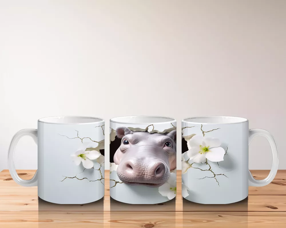 Beyaz Çiçekler Arasında Sevimli Su Aygırı – Baskılı Kahve Kupası - 5