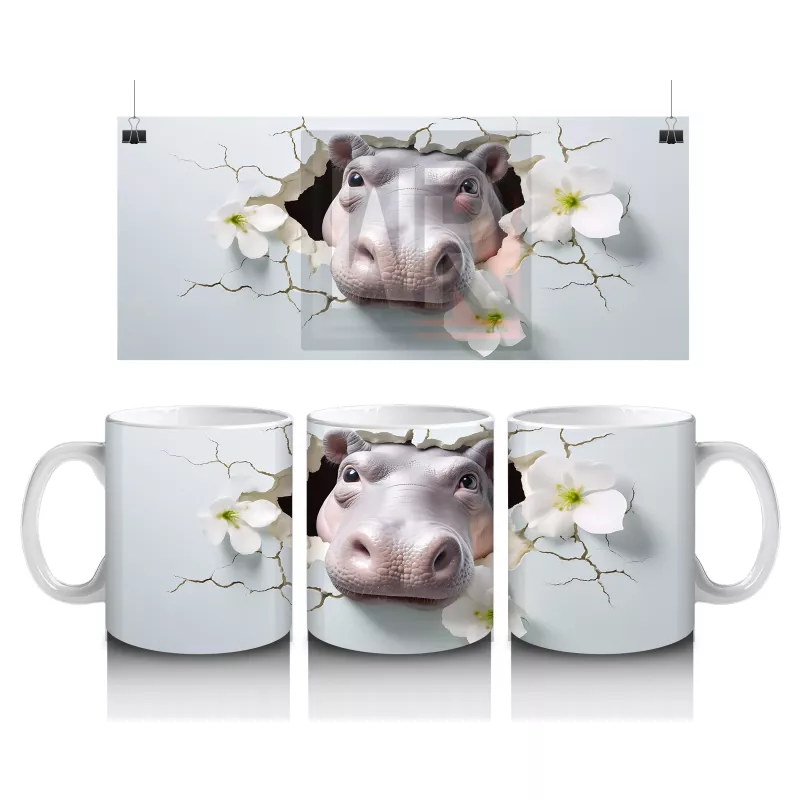 Beyaz Çiçekler Arasında Sevimli Su Aygırı – Baskılı Kahve Kupası