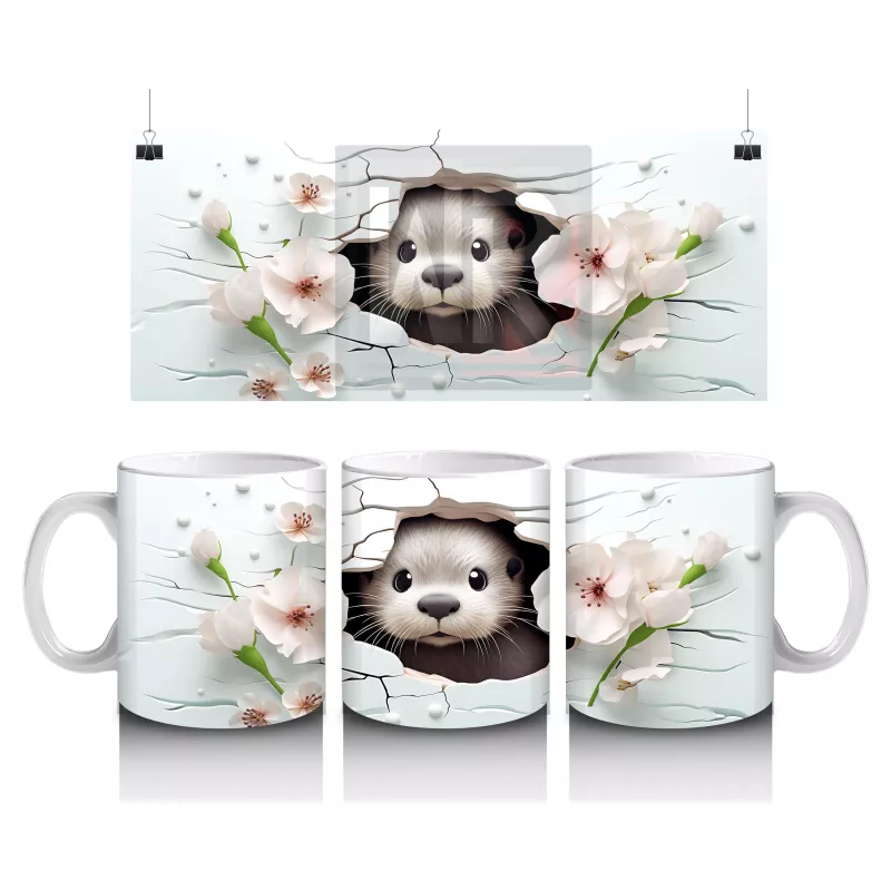 Beyaz Çiçekler Arasında Sevimli Su Samuru – Baskılı Kahve Kupası