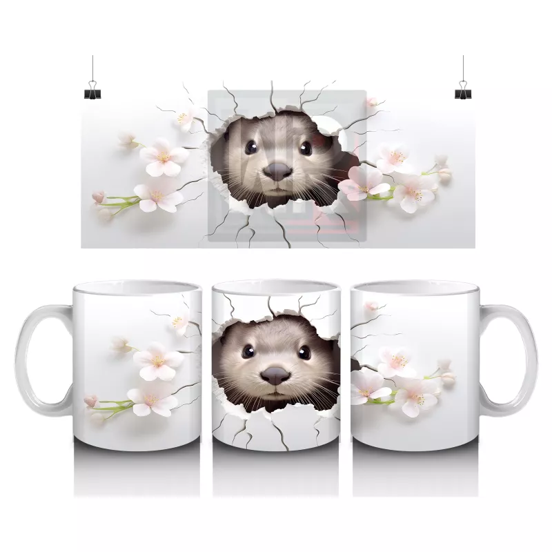 Beyaz Çiçekler Arasında Sevimli Su Samuru - Baskılı Kahve Kupası