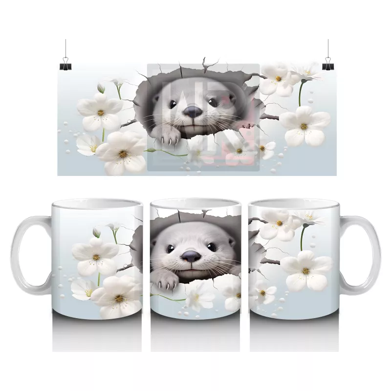 Beyaz Çiçekler Arasında Su Samuru – Baskılı Kahve Kupası