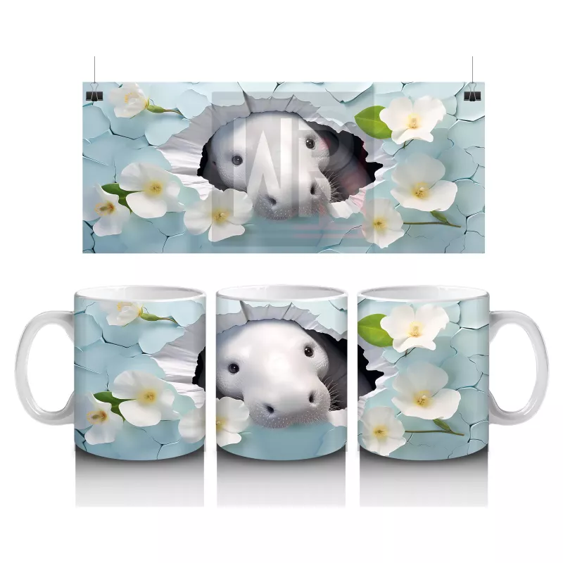 Beyaz Çiçekler Arasında Tatlı Su Aygırı - Baskılı Kahve Kupası