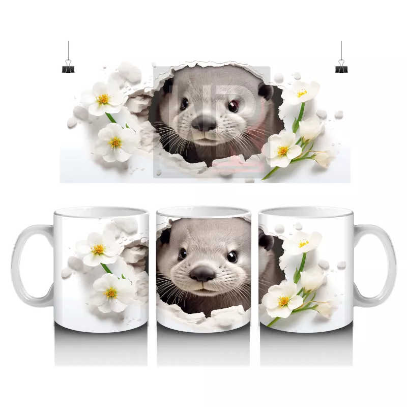 Beyaz Çiçekler Arasında Tatlı Su Samuru – Baskılı Kahve Kupası