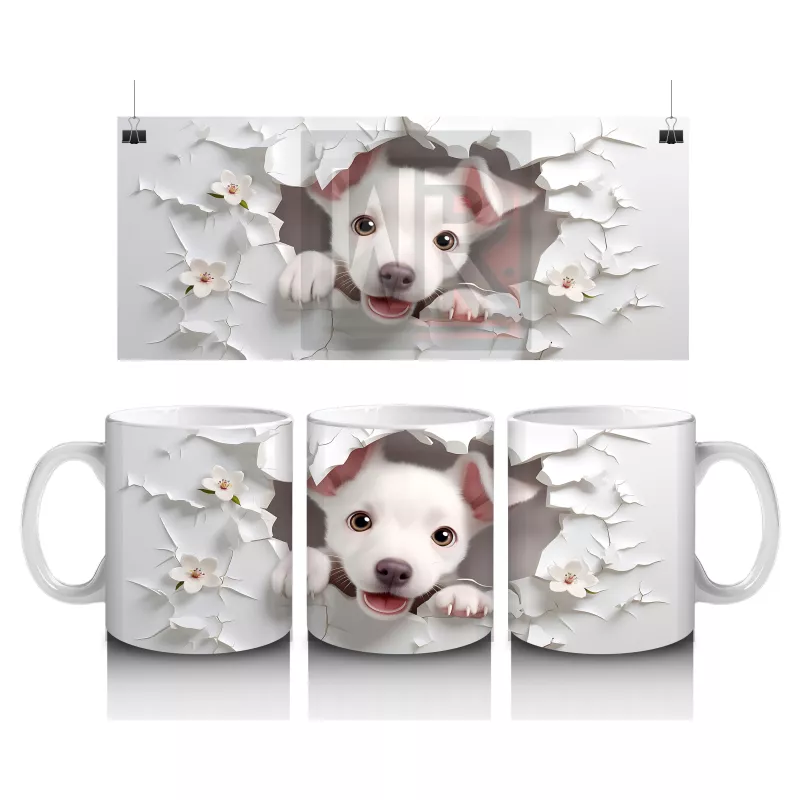 Beyaz Çiçekler Arasında Yavru Köpek – Baskılı Kahve Kupası