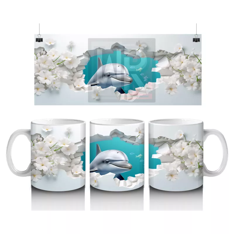 Beyaz Çiçekler Arasında Zıplayan Yunus – Baskılı Kahve Kupası