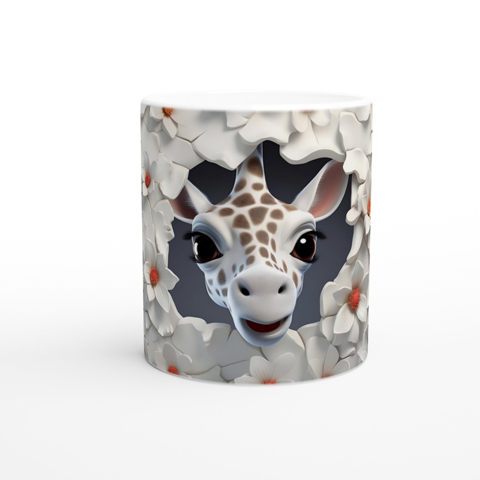 Beyaz Çiçekler Arasında Zürafa Temalı Baskılı Kupa Bardak