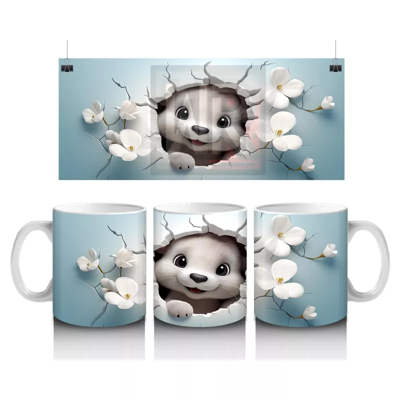 Beyaz Çiçekler Önünde Gülümseyen Su Samuru – Baskılı Kahve Kupası