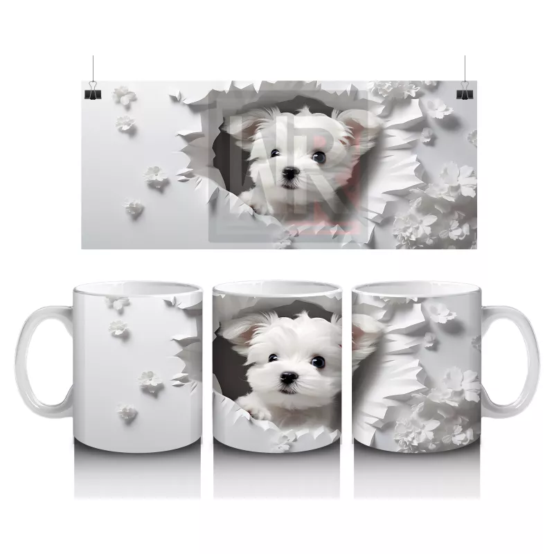 Beyaz Çiçekler Önünde Sevimli Yavru Köpek – Baskılı Kahve Kupası