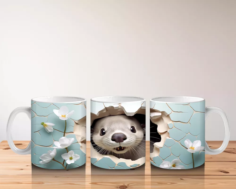 Beyaz Çiçekler Önünde Şirin Su Samuru – Baskılı Kahve Kupası - 5