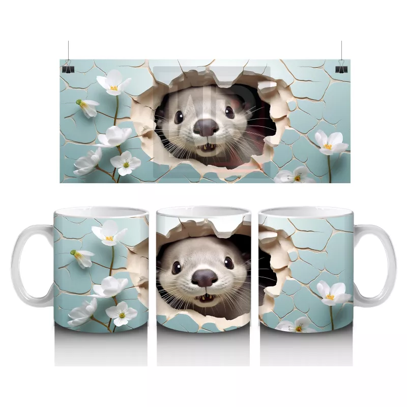 Beyaz Çiçekler Önünde Şirin Su Samuru – Baskılı Kahve Kupası