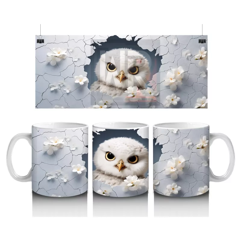 Beyaz Çiçekler Üzerinde Dikkatli Baykuş – Baskılı Kahve Kupası