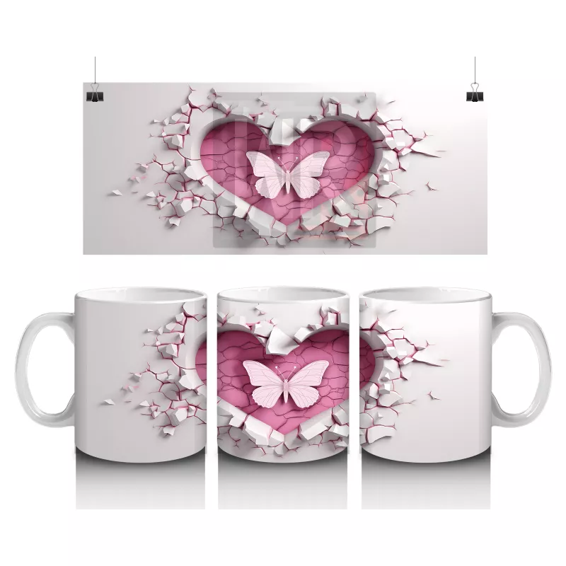 Beyaz Çiçekler Üzerinde Kalp Sembolü – Baskılı Kahve Kupası