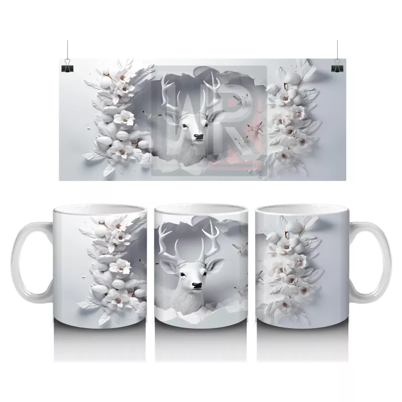 Beyaz Çiçekler ve Dallar Arasında Bakan Geyik – Baskılı Kahve Kupası