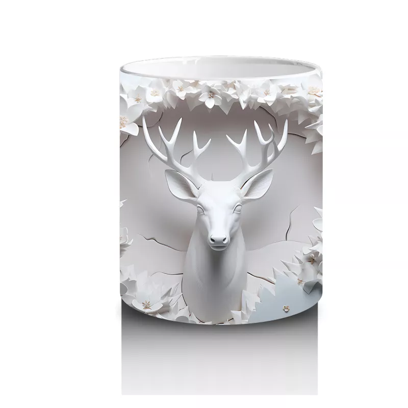 Beyaz Çiçekler ve Dallar Arasında Zarif Geyik – Baskılı Kahve Kupası - 3