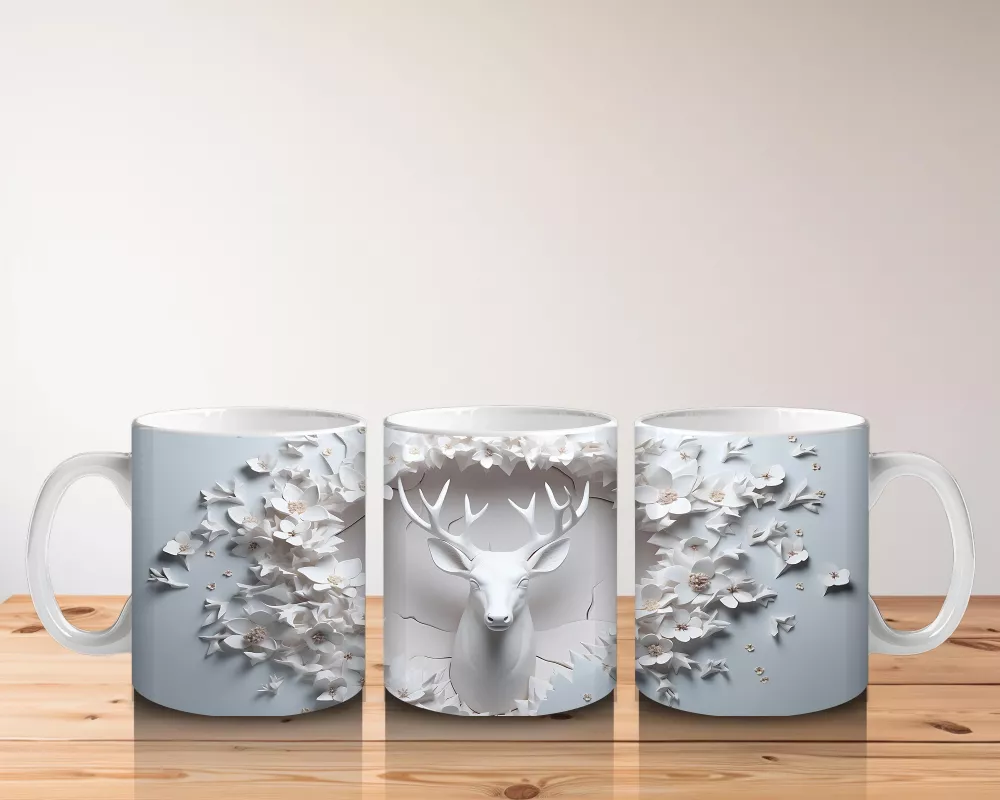 Beyaz Çiçekler ve Dallar Arasında Zarif Geyik – Baskılı Kahve Kupası - 5
