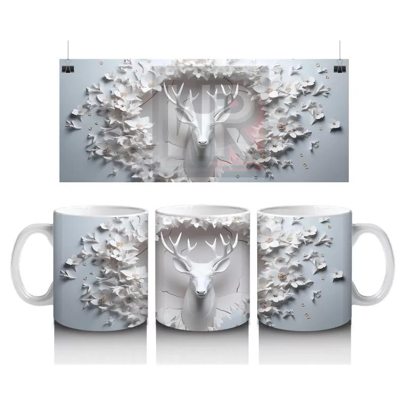 Beyaz Çiçekler ve Dallar Arasında Zarif Geyik – Baskılı Kahve Kupası