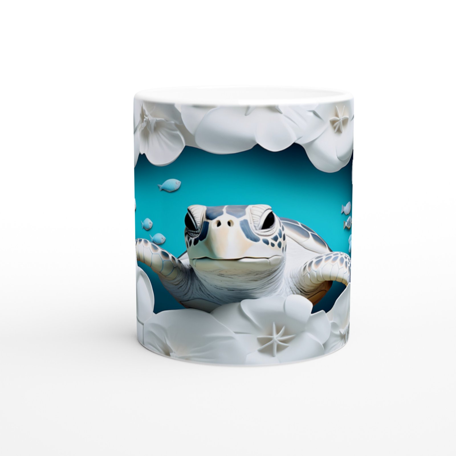 Beyaz Çiçekler ve Mavi Balıklar Arasında Deniz Kaplumbağası Kupa Bardak