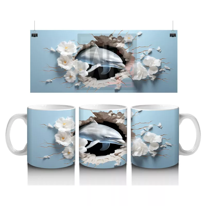 Beyaz Çiçekler ve Okyanus Temalı Yunus - Baskılı Kahve Kupası