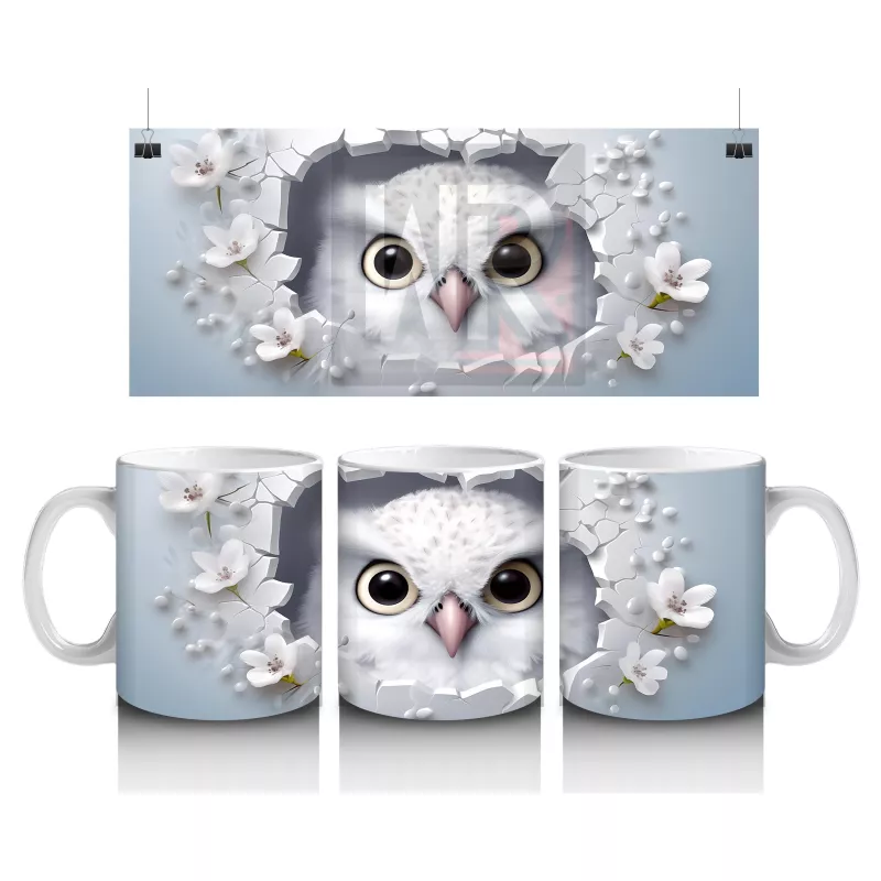 Beyaz Çiçeklerle Çevrelenmiş Tatlı Baykuş – Baskılı Kahve Kupası