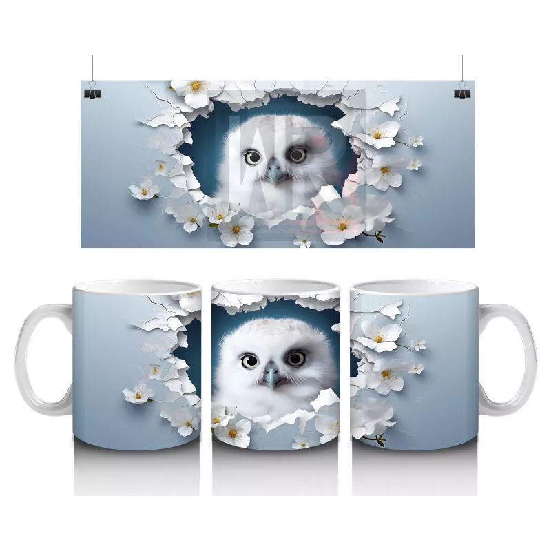 Beyaz Çiçeklerle Çevrili Sevimli Baykuş – Baskılı Kahve Kupası
