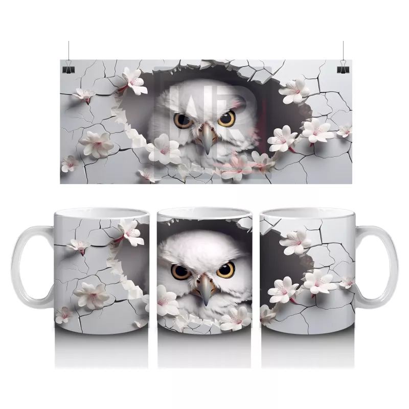 Beyaz Çiçeklerle Süslenmiş Baykuş – Baskılı Kahve Kupası