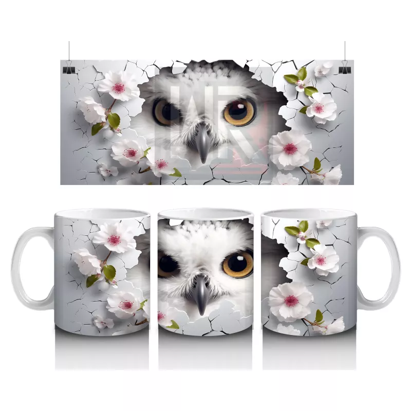 Beyaz Çiçeklerle Süslenmiş Bilge Baykuş – Baskılı Kahve Kupası