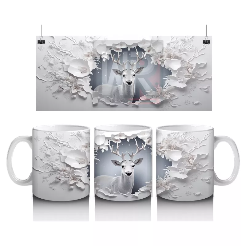 Beyaz Çiçeklerle Süslenmiş Çatlak Zeminden Bakan Geyik - Baskılı kahve kupası